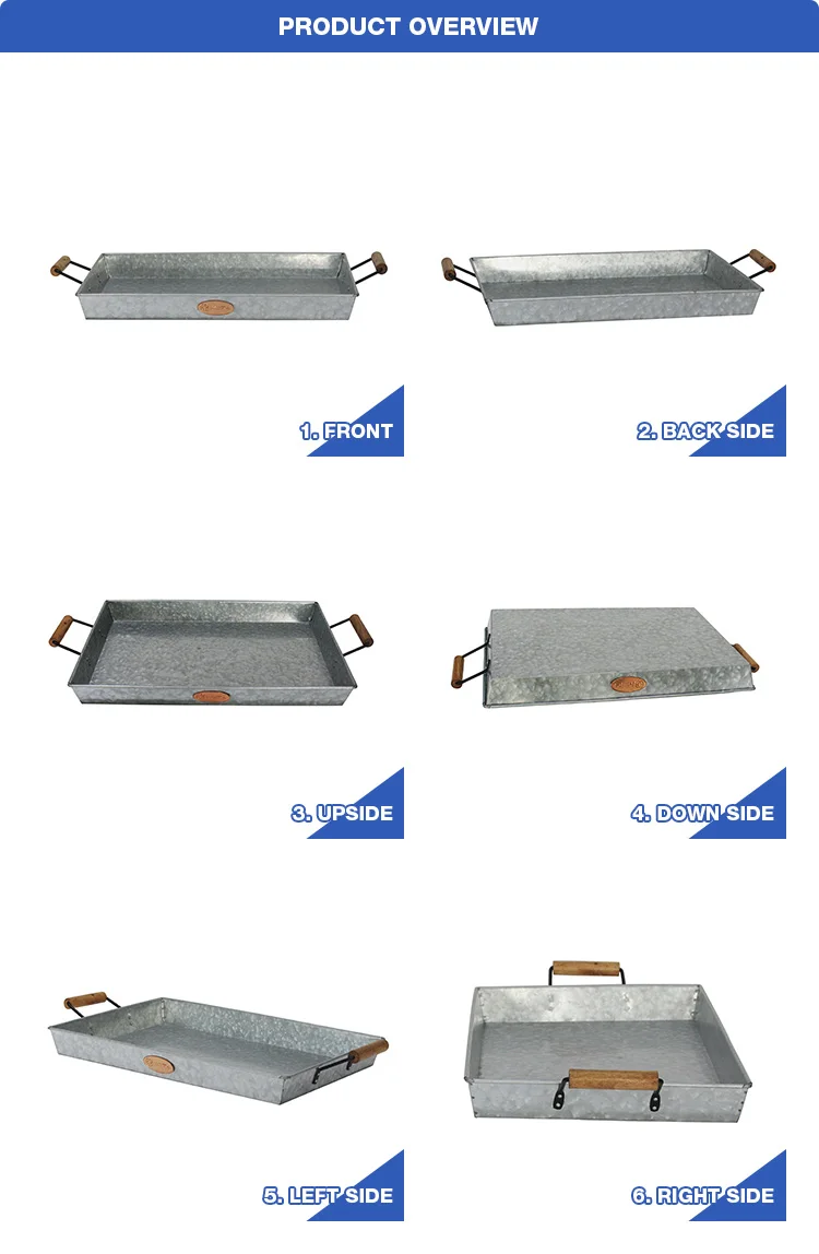 Galvanized Metal Serving Tray With Wood Handle Decorative Metal Iron