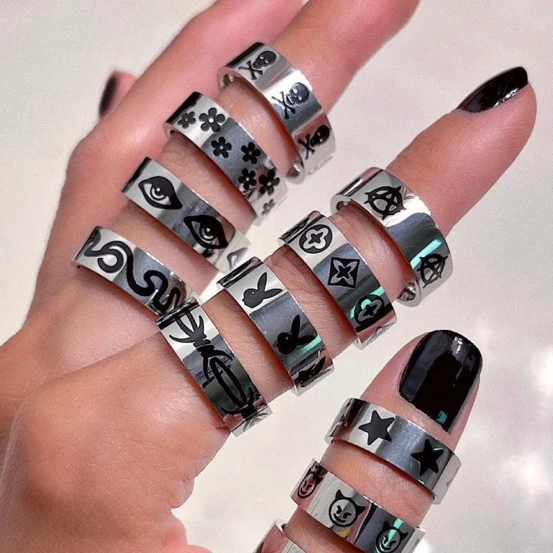 

Vintage Chunky Custom Stainless Steel Rings Oil Dripping Evil Eye Butterfly Dragon Snake Finger Ring Jewelry For Women Men, As the picture shows