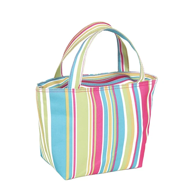 

Hot selling soft portable insulated 600D aluminum tote bag rainbow stripes cooler lunch bag for women, Customized color