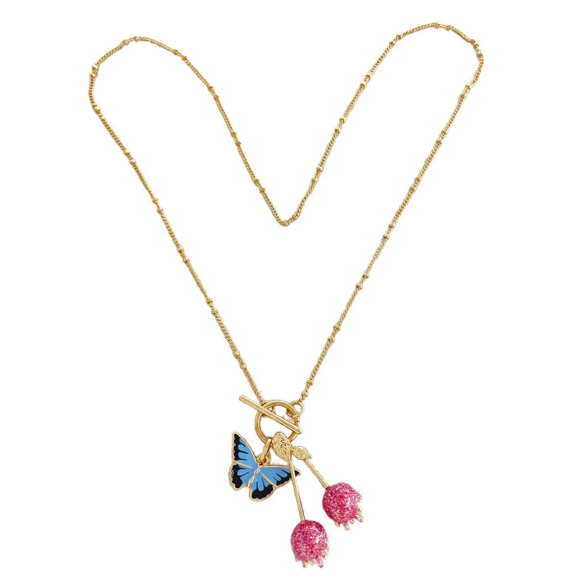 

Wholesale Of New Materials link chain butterfly cherry enamel gold plated pendant necklace for women