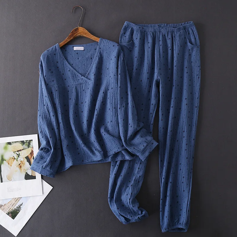 

Japanese style spring and autumn women's 100% cotton crepe long-sleeved trousers sleepwear comfortable home wear sleepwear set w