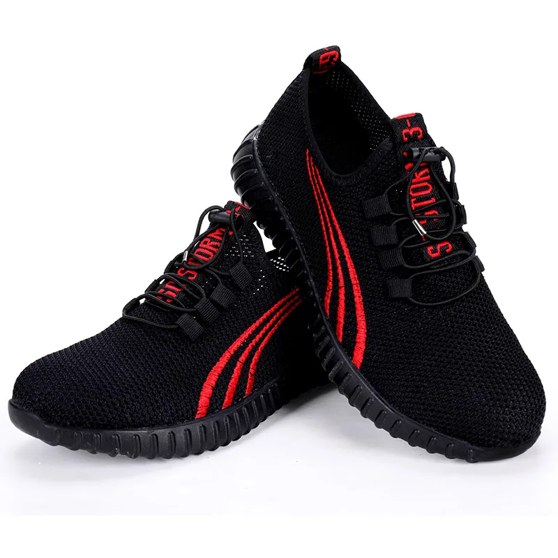 

NEW Breathable Flying Woven Anti-smashing Steel Toe Caps Anti-piercing Work Boots Women Safety Shoes, Black red