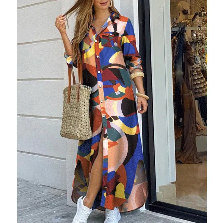 

Plus size dress lady casual plus size dresses summer multi-color new style printed lapel casual shirt long skirt dress, Picture