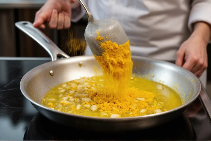 Professional chef blooming turmeric in golden oil with onions and garlic in stainless steel pan