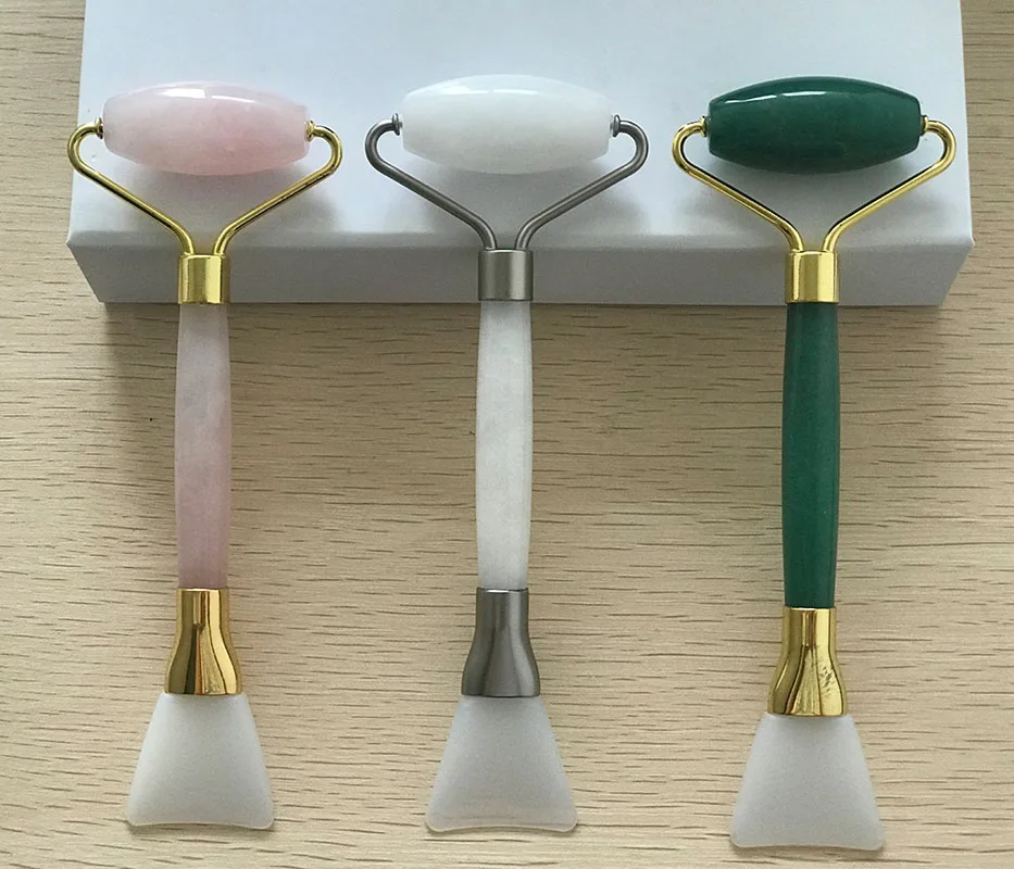 

Amazon hot natural jade stone massage jade roller silicone face mask brush for beauty mask brush tools, Rose quartz , green aventurine white etc