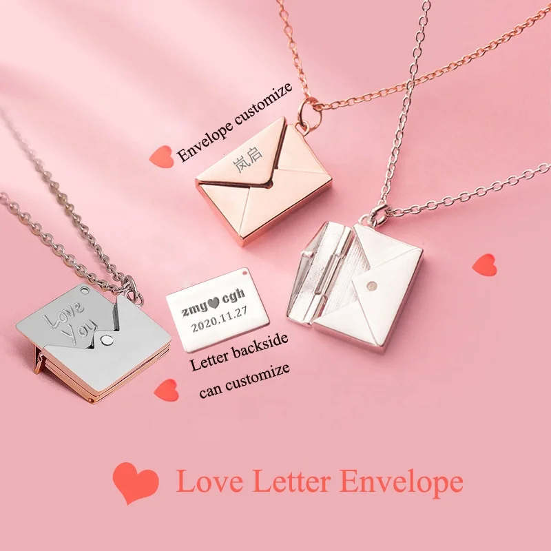 

Dina Factory Wholesale Personalized Jewelry Stainless Steel Love Engraved Letter Necklace Envelope Locket Pendant Jewelry Gifts, Silver,gold,rose gold