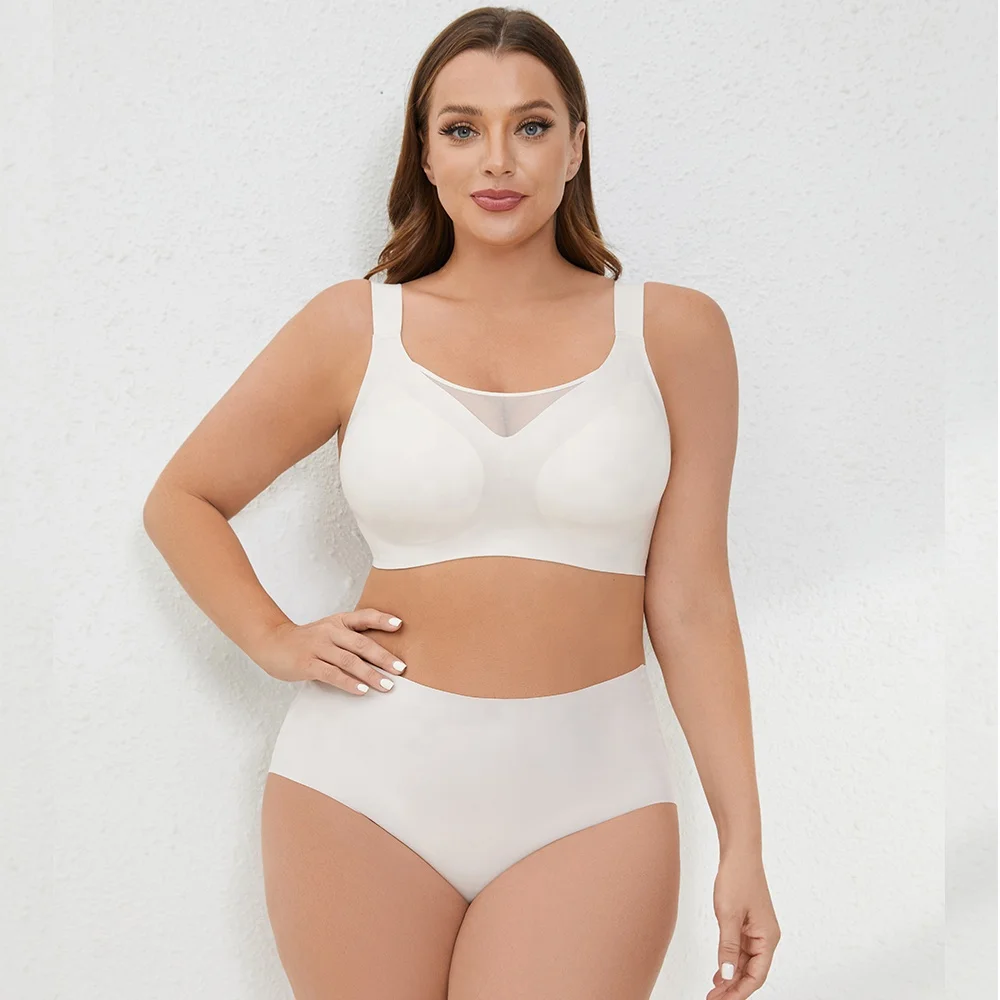 SUJI V mesh Invisible Traceless Black-Technology Jelly Big Strip Soft Support Wireless Big Cup CDEFG  Plus Size Seamless Bra
