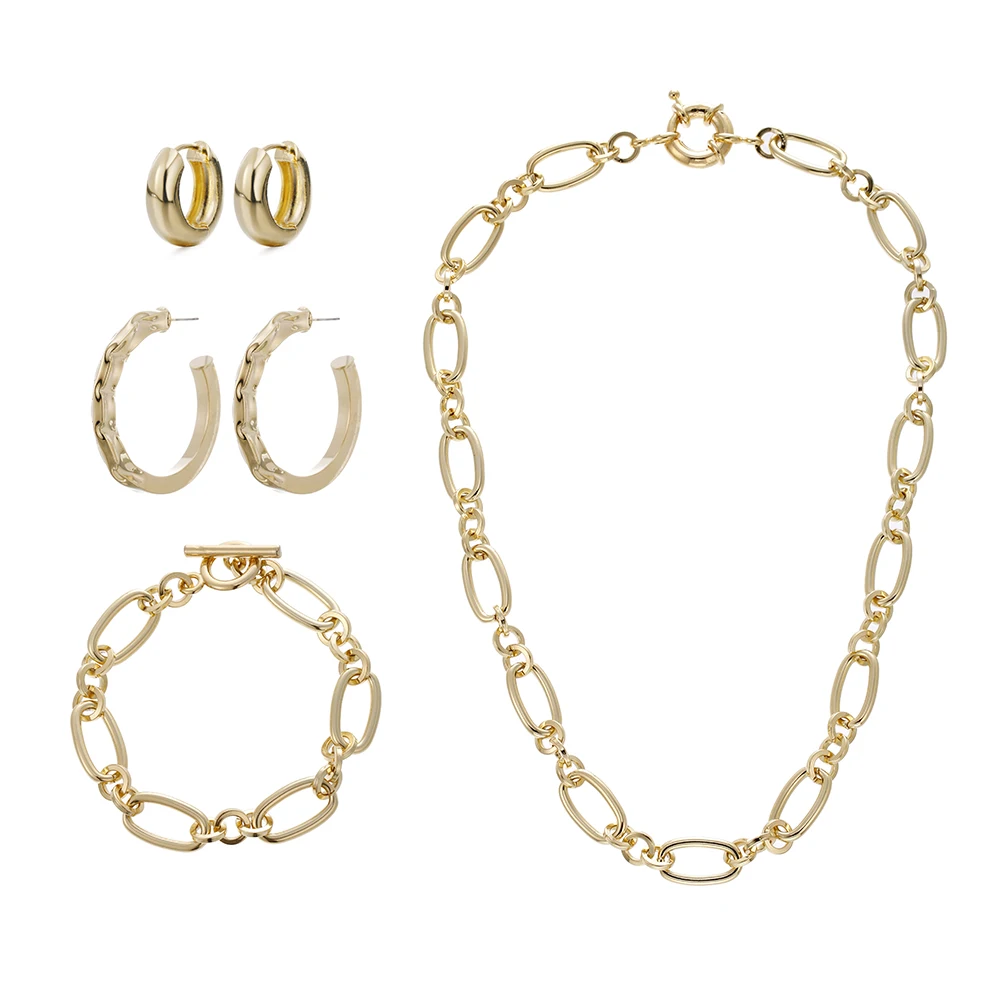 

2022 New Arrival Best Selling Cuban Chain Link Bracelet Gold Chain Necklace Chunky Hoop Earrings Copper Jewelry Set