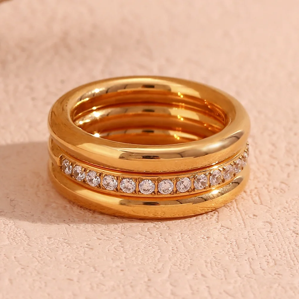 

Gold Plated Jewelry Zircon Stacking Rings Set Tarnish Free Jewelry Stainless Steel Statement Rings Fashion Jewelry