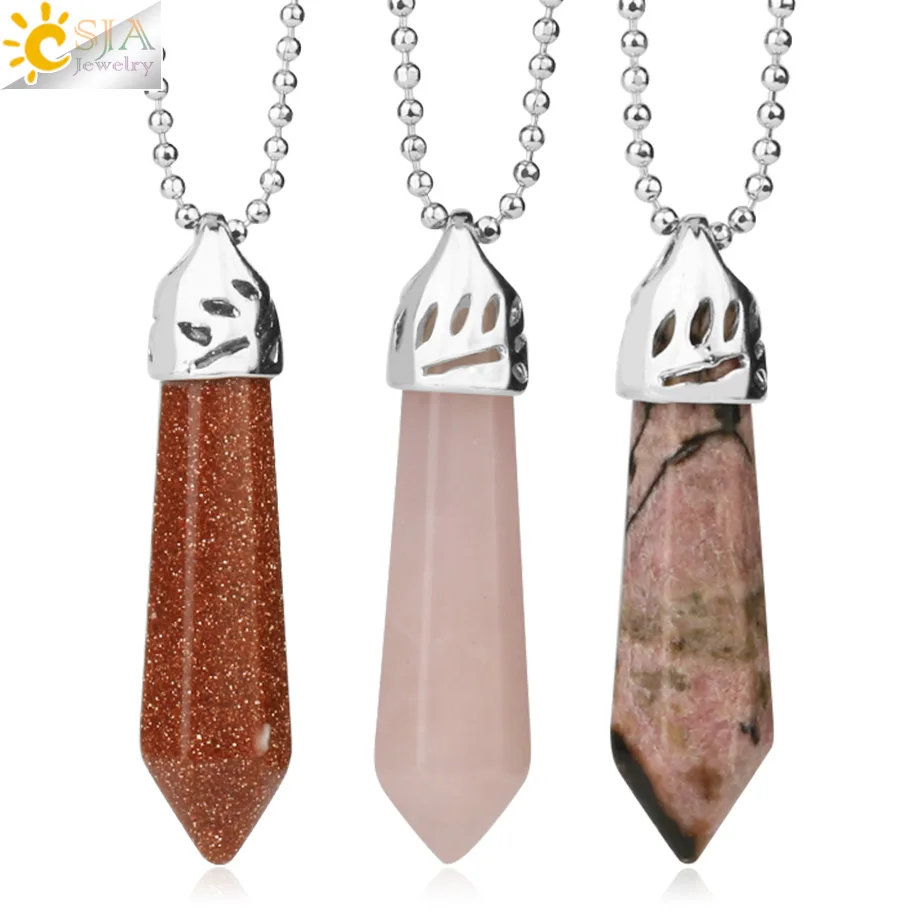 

CSJA wholesale crystal hexagon pillar point gemstone pendant necklace jewelry natural stone G301