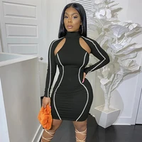 

Hollow Out Long Sleeves Ladies Sexy Black Bodycon Pencil Dress 2019