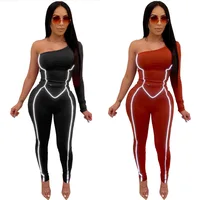 

Dropshipping plus size one shoulder one piece reflective bodycon jumpsuit with long pants