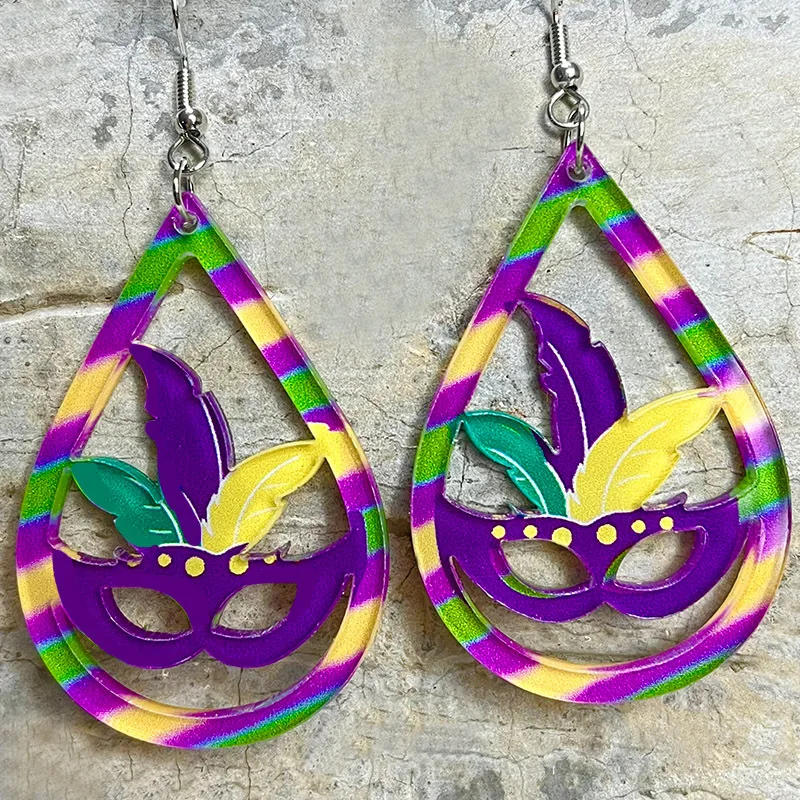 Trendy Glitter Purple Green Gold Mask And Jester Hat Acrylic Drop Hollow Earring Exaggerated Shiny Mardi Gras Earrings