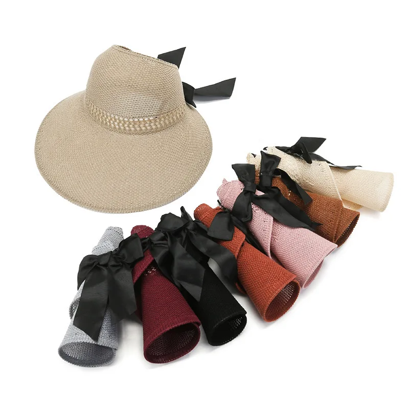 

New Summer Sun Visor Hat Bow Empty Top Hat Women UV Protection Ribbon Beach Hat