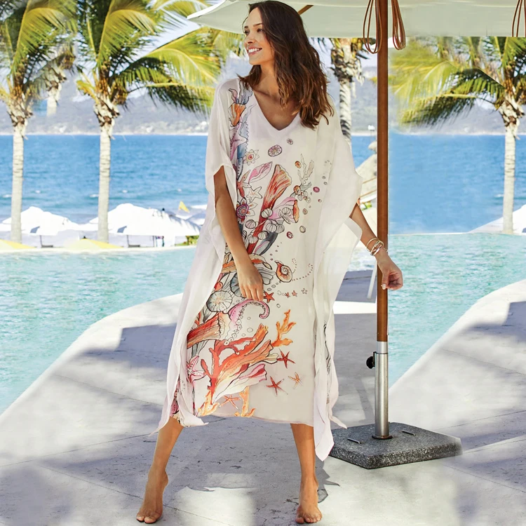 

Wholesale White Underwater World Printed V Neck Dress Chiffon Kaftan Dress
