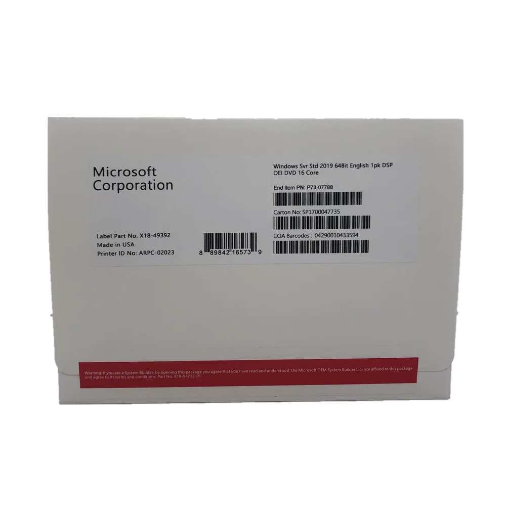 

Microsoft Windows Server 2019 Standard DVD 64Bit 1PK DSP OEI 16Core Full Package English Version Win Server 2019