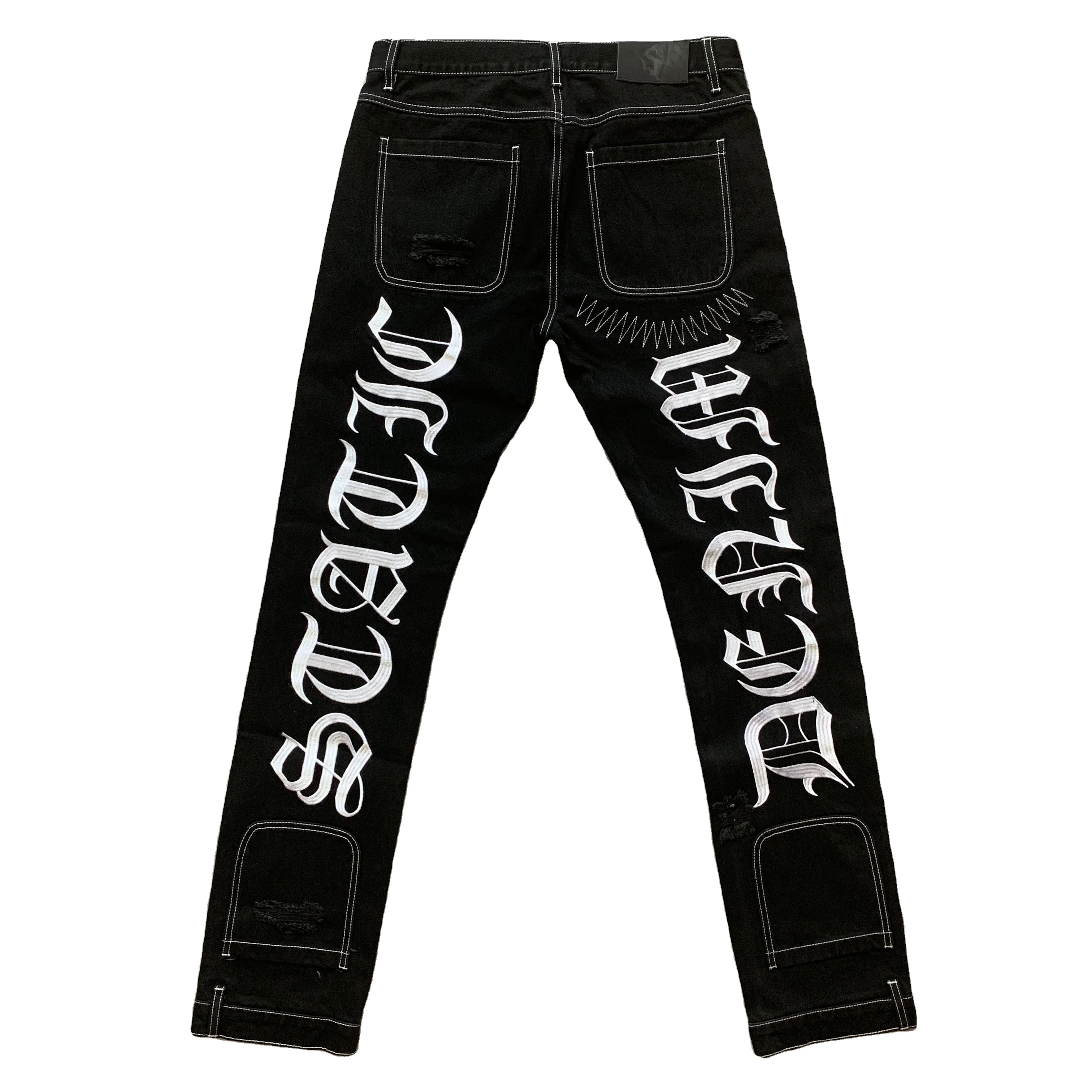 DENIMGUYS Custom Upside Down Bottom Embroidery Streetwear Mens Distressing Ripped Jeans