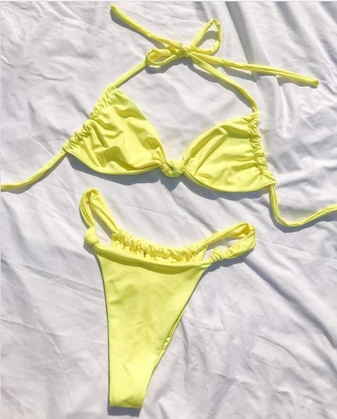 

Yifeng 2021 Custom private label Yellow bikini high waist bikini set tied side swimwear, Patchwork