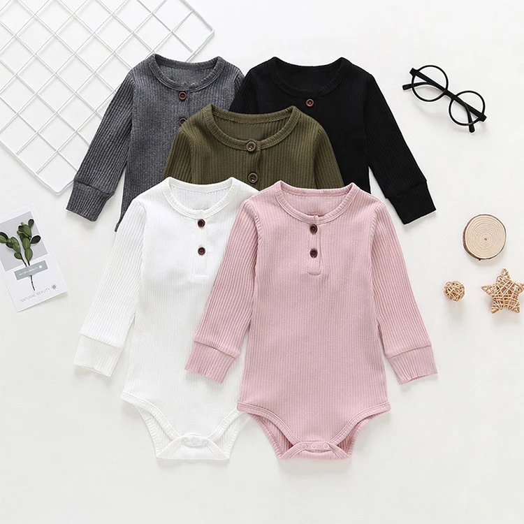 

Wholesale OEM ODM Cheap Price Infant Baby Girl Basic Plain Rib Knit Ruffle Long Sleeve Romper Bodysuit Tops baby cotton rompers, Pink, gray, army green, black, white....