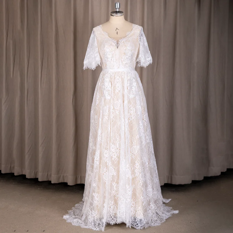 

FANWEIMEI#6216 Lace V-Neck Nude Lining Backless Boho Bohemian Beach Wedding Dress Bridal Wedding Dresses