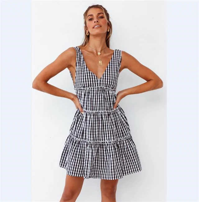 

2021 Spring and Summer New Commuter Sexy Plaid Cake Dress V-neck Sleeveless Dress, Picture color