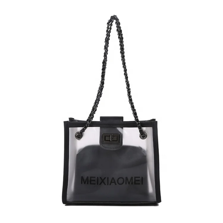 

Hot Sale New Fashion Transparent Messenger Bag Women PVC Handbags Black Chain Shoulder Bag