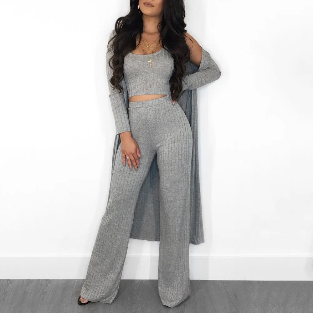 

Autumn winter cusaul rib vest and loose trousers cardigan coat 3 piece set women clothing women's suits, Gray/purple/black/wine red