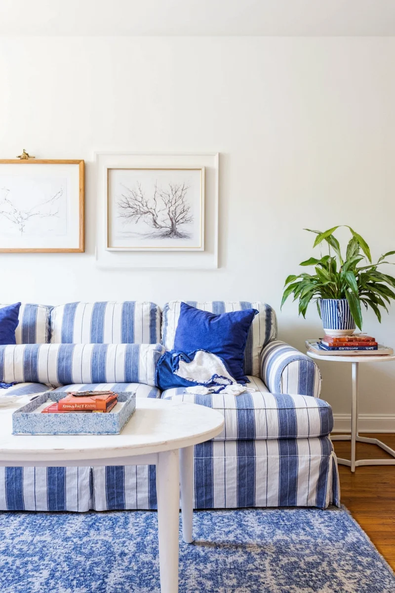 Happy family sitting on blue and white striped sofa