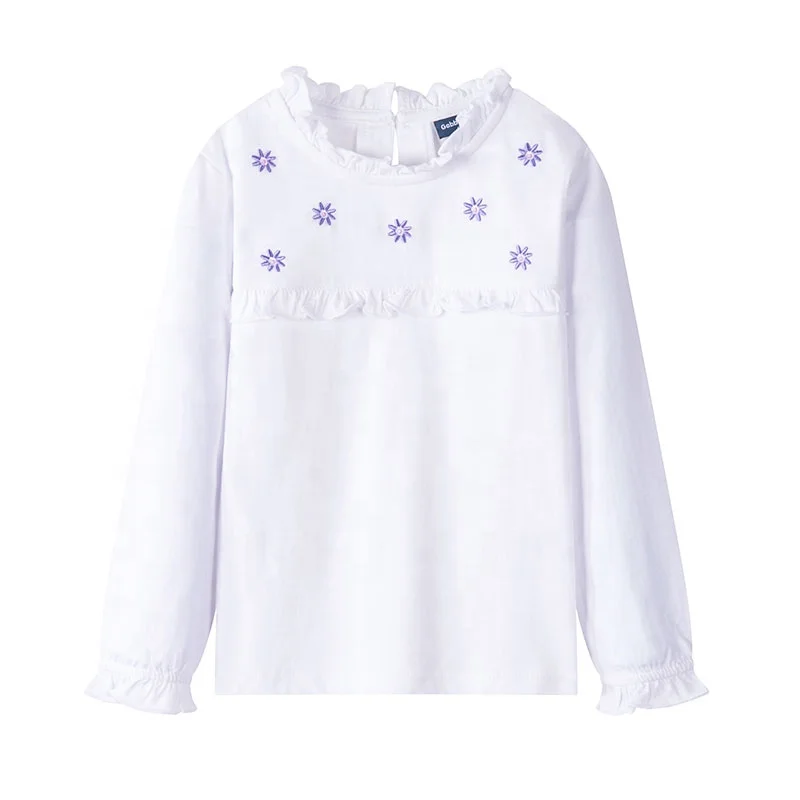 

Gabby Loop Kids Autumn Ruffled Neck Long Sleeve Girls T-Shirt For Children Floral Embroidery 100% Combed Cotton Kids T-shirt