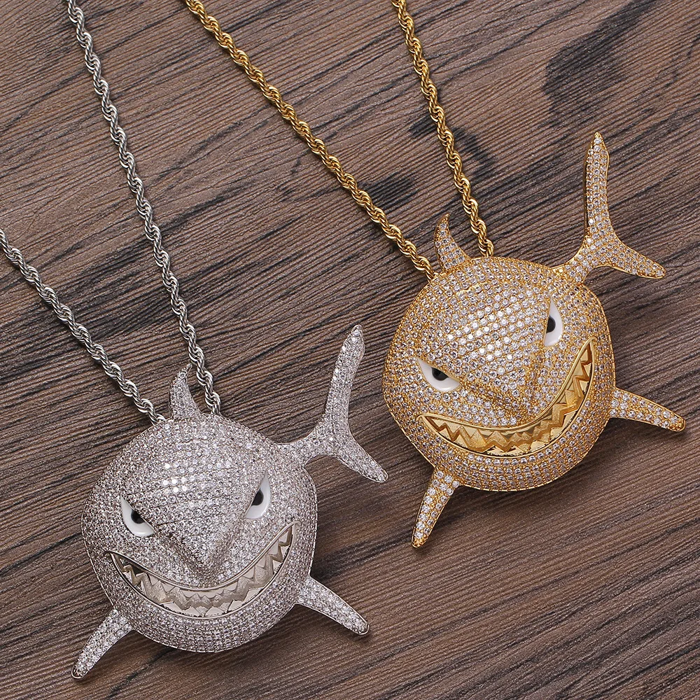 

2021 Sailing Jewelry Iced Out CZ Shark Pendant Necklace For Mens Cubic Zircon Hip Hop Animal Shark Necklace