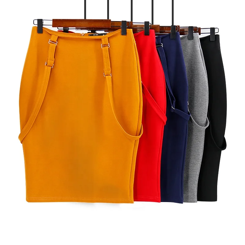 

Wholesale High Waist Solid Stretchy Office Women's Pencil Braces Suspender Skirts