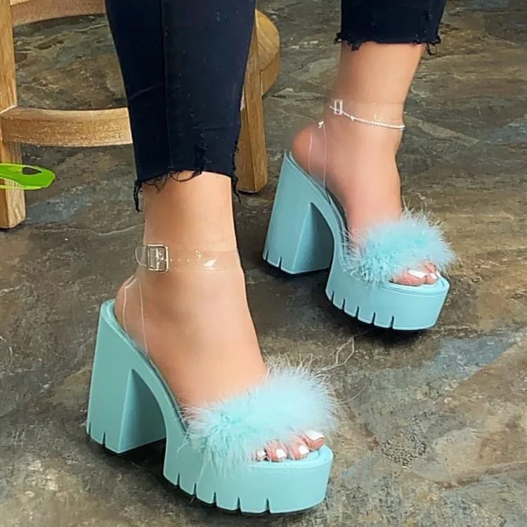 

Women Furry High Heels Transparent Ankle Buckle Shoes Ladies Platform Summer Mujer Zapatos Wholesale, Picture color