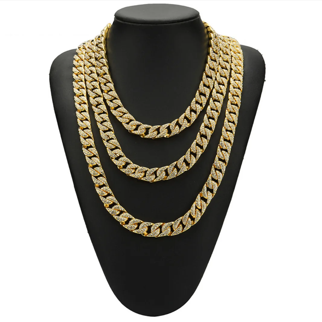 

Wholesale 18K Gold Plated 12mm Miami Iced Out Mens Cuban Link Chain Neck Jewelry For Men, Silver / gold / rose gold