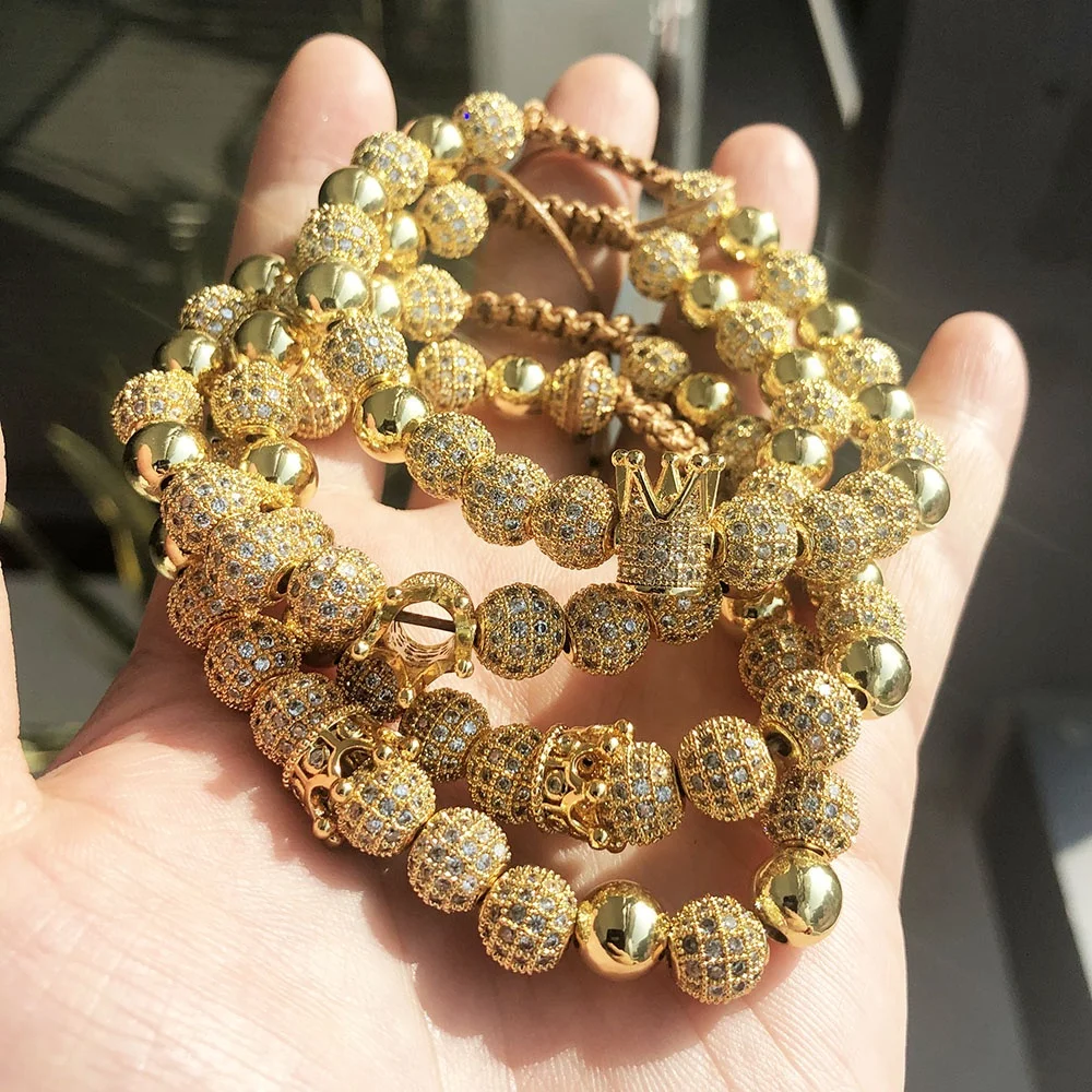 

Men 18K Gold Plated cz Macrame Crown Beaded Adjustable Bracelets