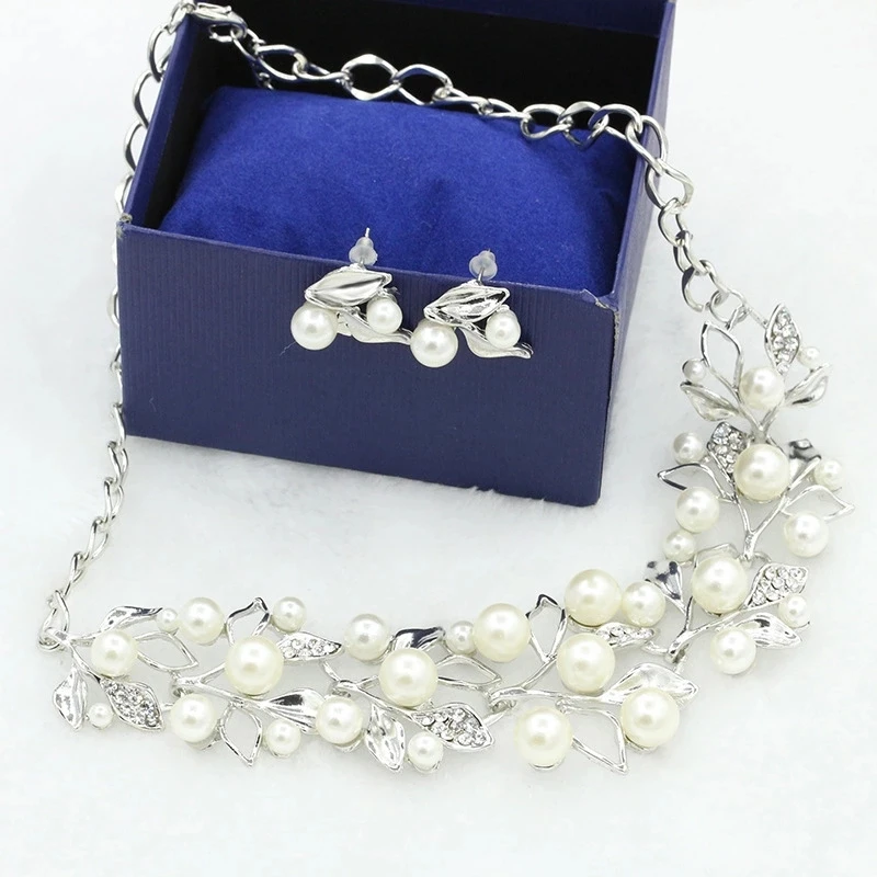 

PUSHI Imitation pearl leaf jewelry sets necklace for earring sets