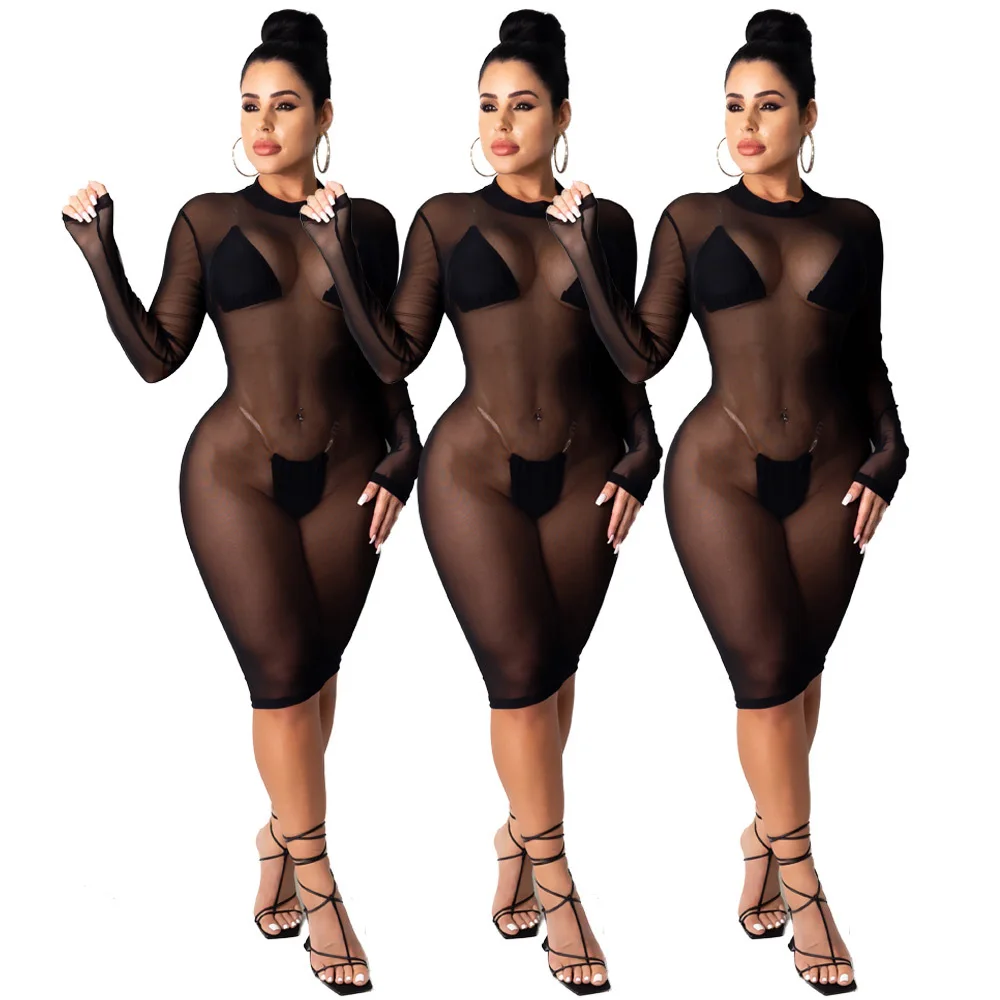 

Sexy Women's Long Sleeve O-round See-through Mesh Dress