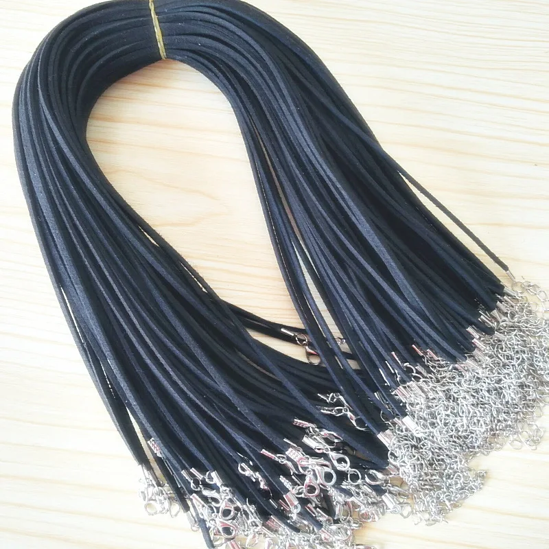 

27inch-28inch Adjustable Black Flat Korea Faux Suede Leather Cord String Rope Necklace with Extender Chain&Lobster Clasp