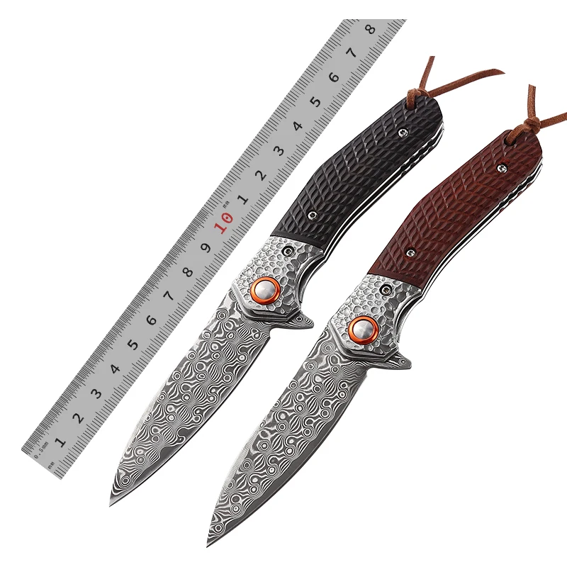 

New high-end African Wood Handle Black Color Damascus Knife Handmade Outdoor Camping Folding Pocket Knife with Belt Clip