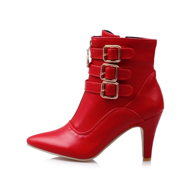 

Fashion Black Belt Buckle Ankle Boots Pointed Toe Stilettos Heel Boot, Black/red/white