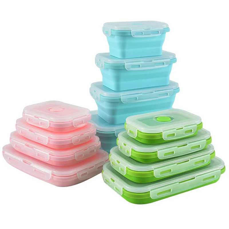 

Foldable Bpa Free Microwave Reusable Leak Proof Collapsible Containers Folding Food Storage Silicone Lunch Box Bento sets, Pink, green and blue