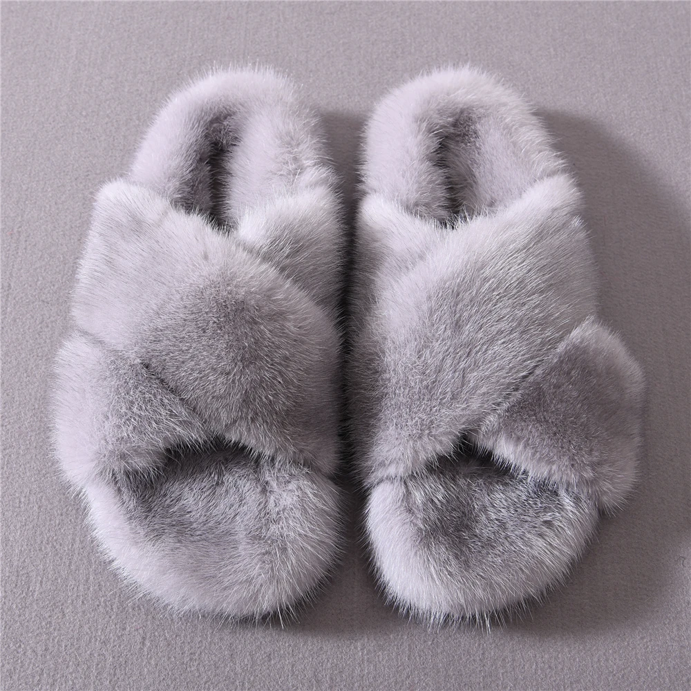 

Mink Fur Slippers Women Real Mink Fur Slides Ladies Mink Fur Shoes Home Slippers, As picture