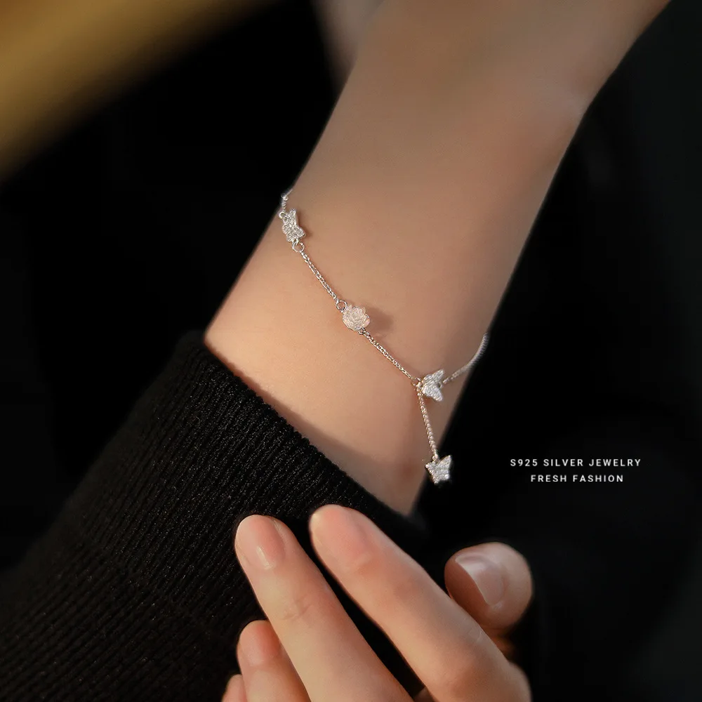 

2024 New 925 Sterling Silver White Rose Bracelet Butterfly Charm Bracelet For Women Luxury Jewelry