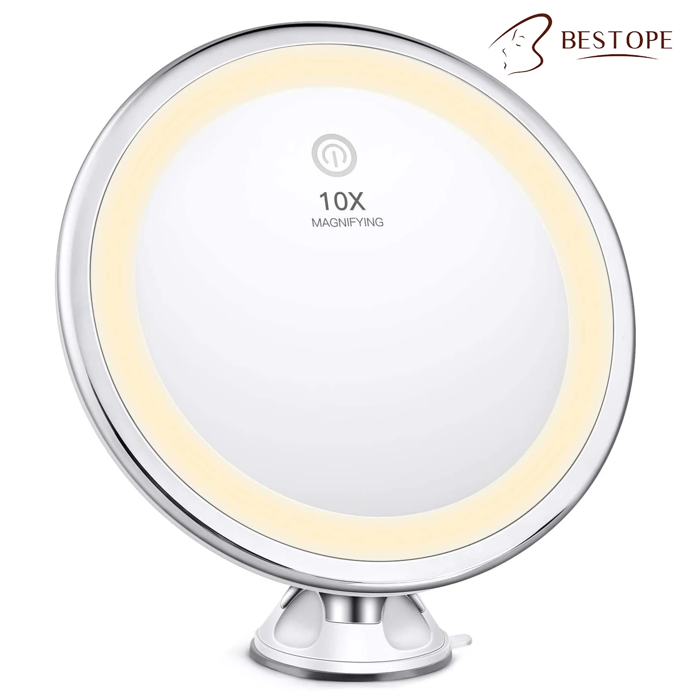 Bestope  3 Color Lighting Modes Intelligent Touch 360 degree Rotation Bathroom LED Suction Cup Mirror 10X  Light Mirror Makeup