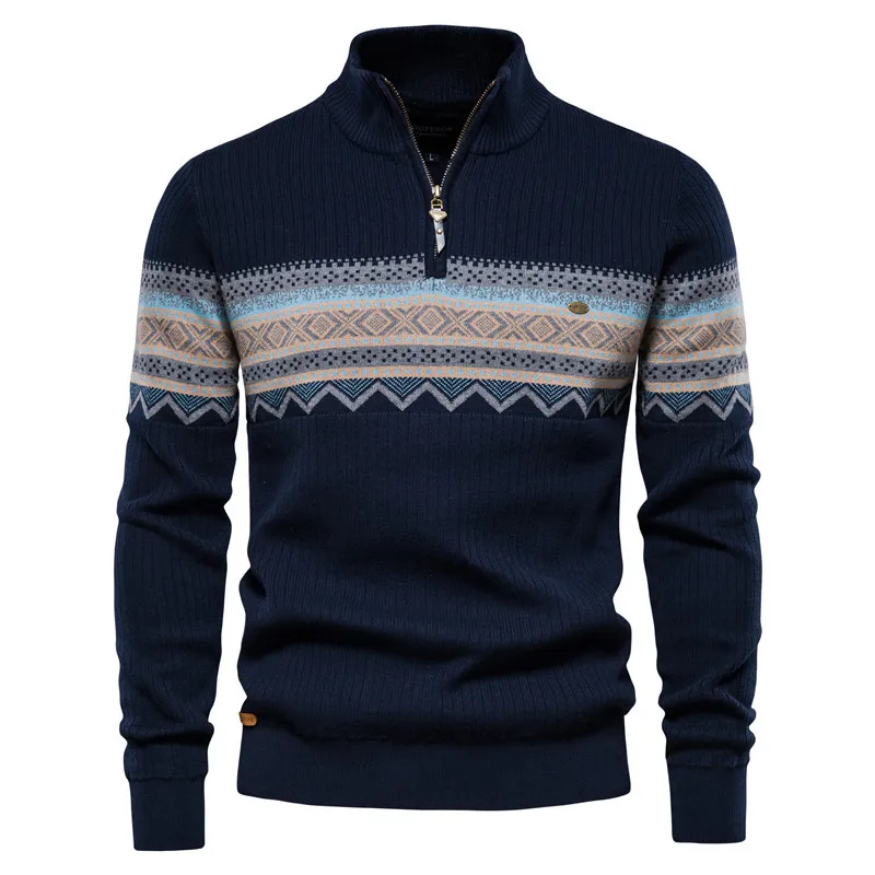 

2021 custom men sweater zipper knitwear autumn winter thick poloneck knitted jumper fashion half Cardigan jacquard knit sweater