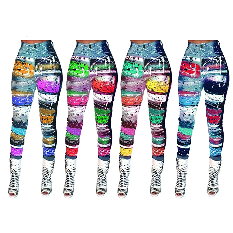 

1119M041 good quality mid waist digital false denim print Casual Fashion Clothing Women Pants