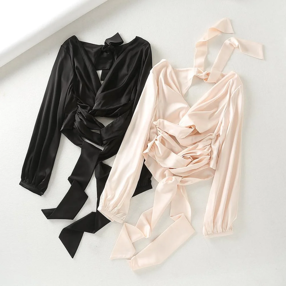

B50905A New design lady sexy backless bandage fashion shirt, Black/light pink