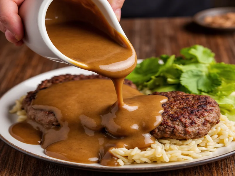 Rich mushroom gravy being poured over Salisbury steak patties