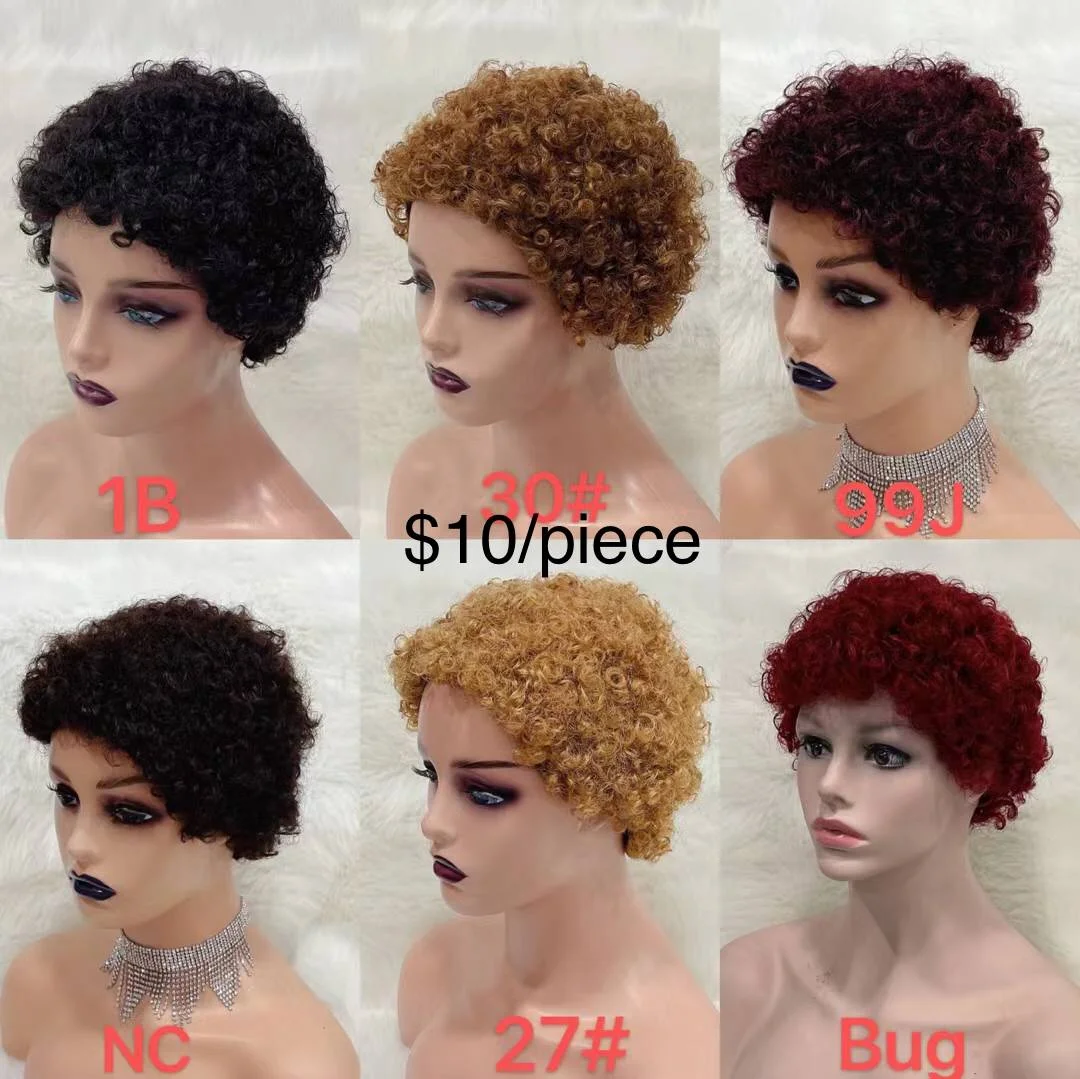 

GS Short Human Hair Wig New Pixie Cut Full Machine Wig , Human Hair Glueless Lace Perruques Pixie Curls Wig For Black Women, Natural color