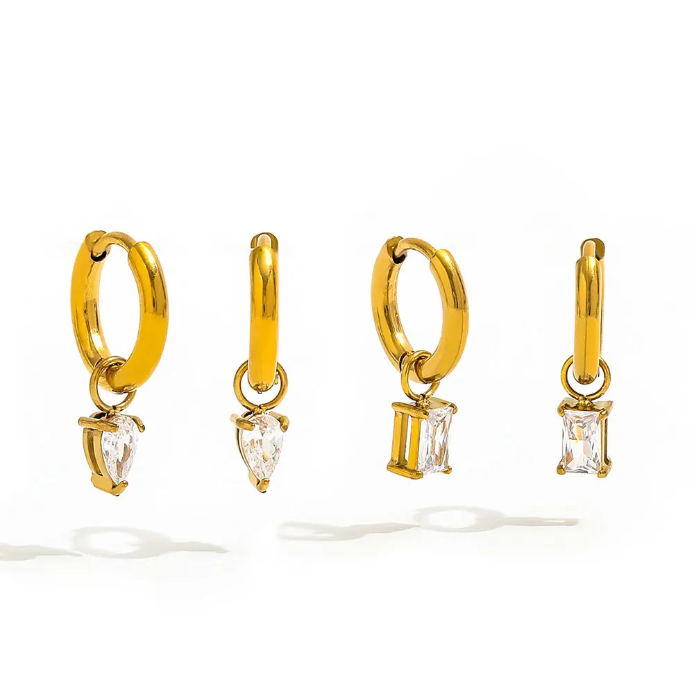 JOOLIM Vintage 18K Gold Plated Huggie Earring Waterdrop Rectangle Clear Zirconia High-End Stainless Steel for Parties