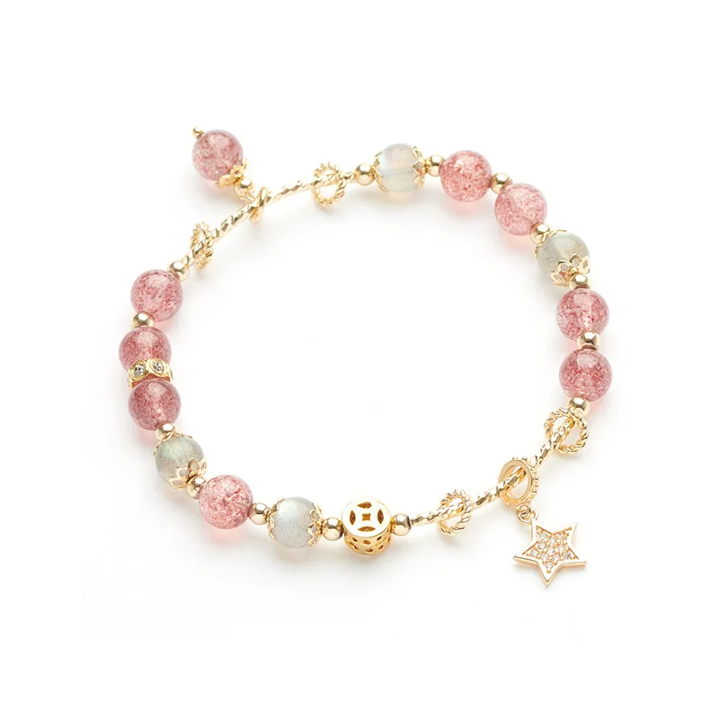 

INS Best Selling Real Gold Plated CZ Star Pendant Bracelet Pink Natural Crystal Beaded Bracelet